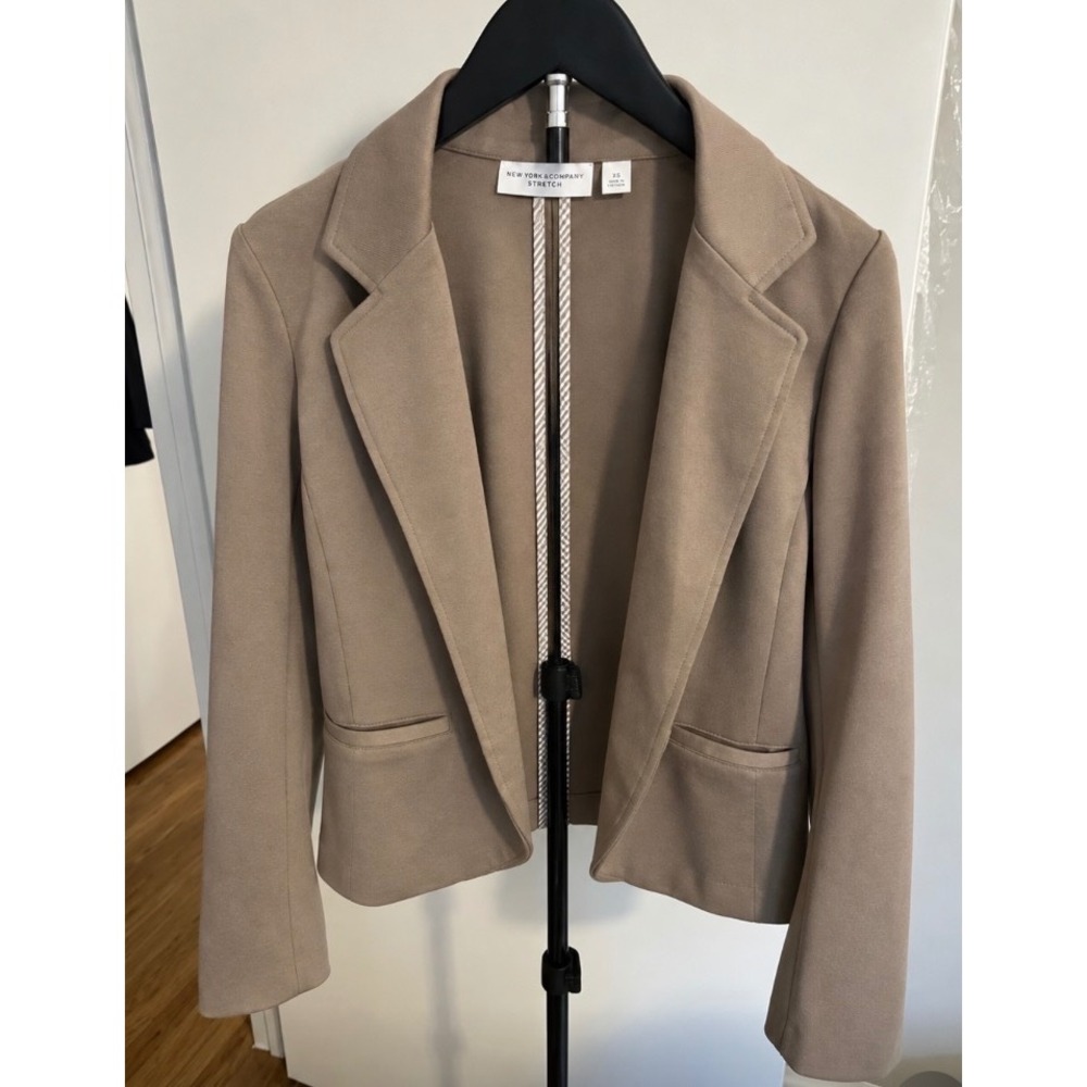 New York & Company Stretch Open Front Blazer Taupe Brown XS Notched Lapel